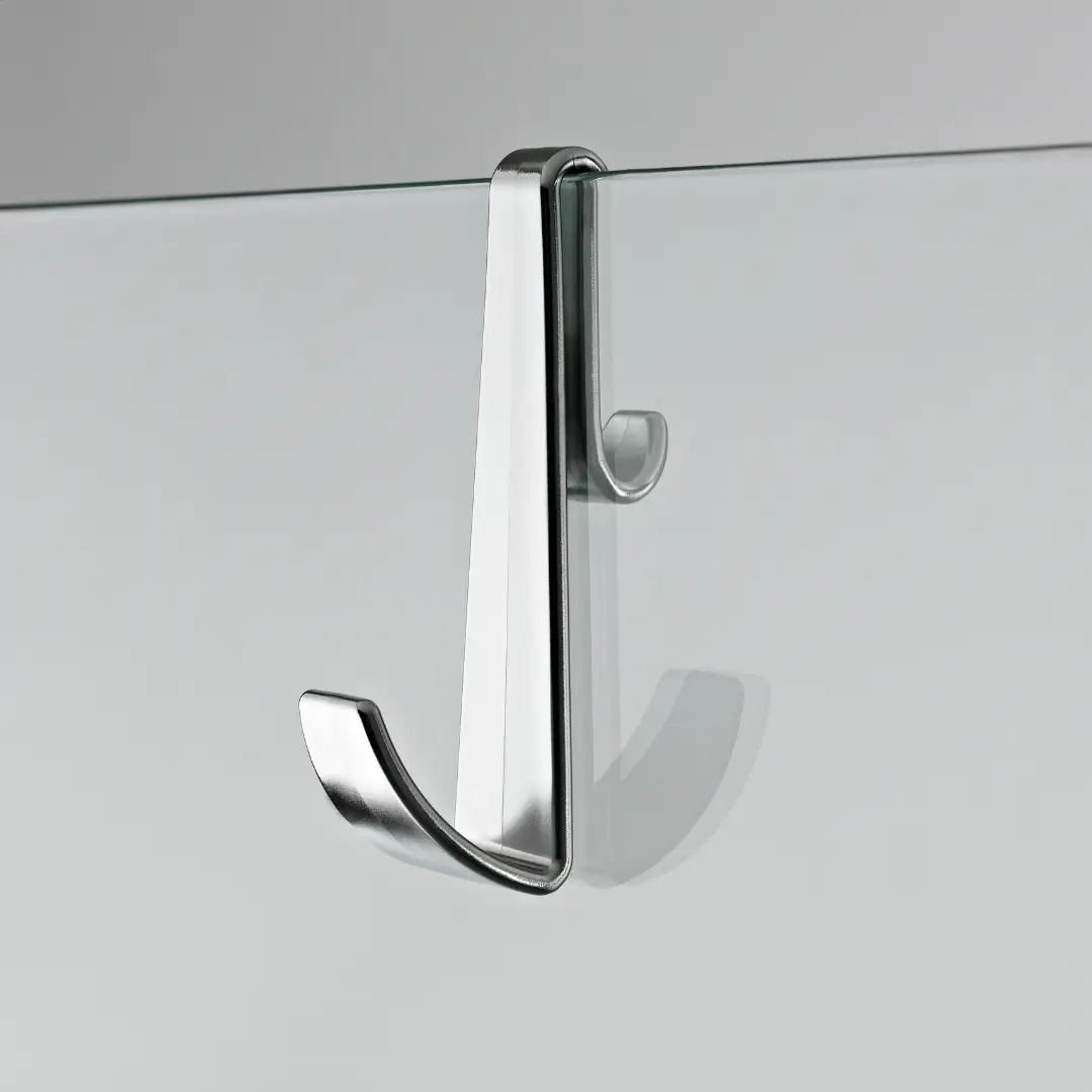 Frameless chrome hook securing glass panel in a minimalist wetroom, offering support and modern style – DDL Tiles