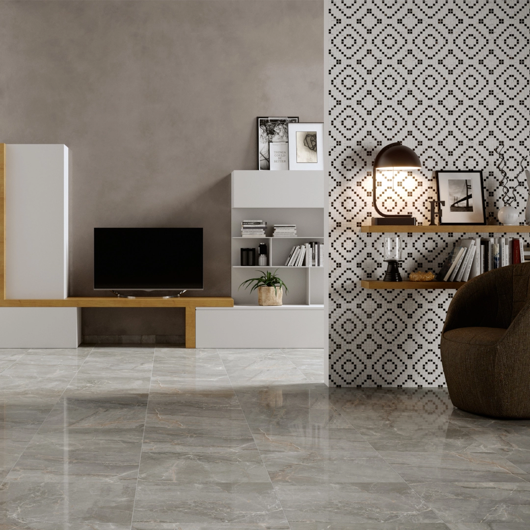 Porcelain marble effect tiles installed on bathroom and ground floor walls and floors, warm and elegant finish – DDL Tiles