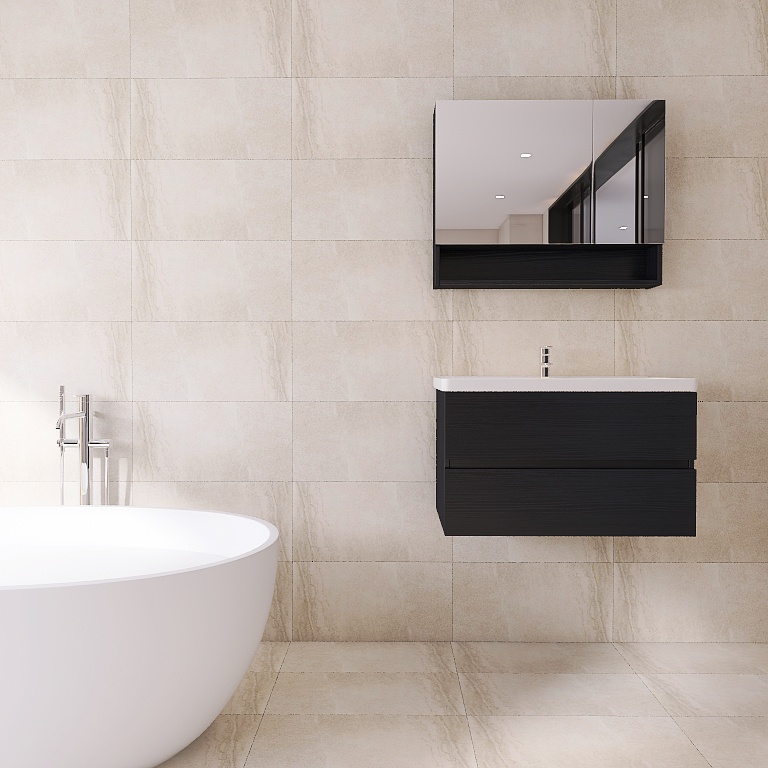 Porcelain stone effect tiles used on bathroom walls and floors, creating a warm, natural atmosphere – DDL Tiles