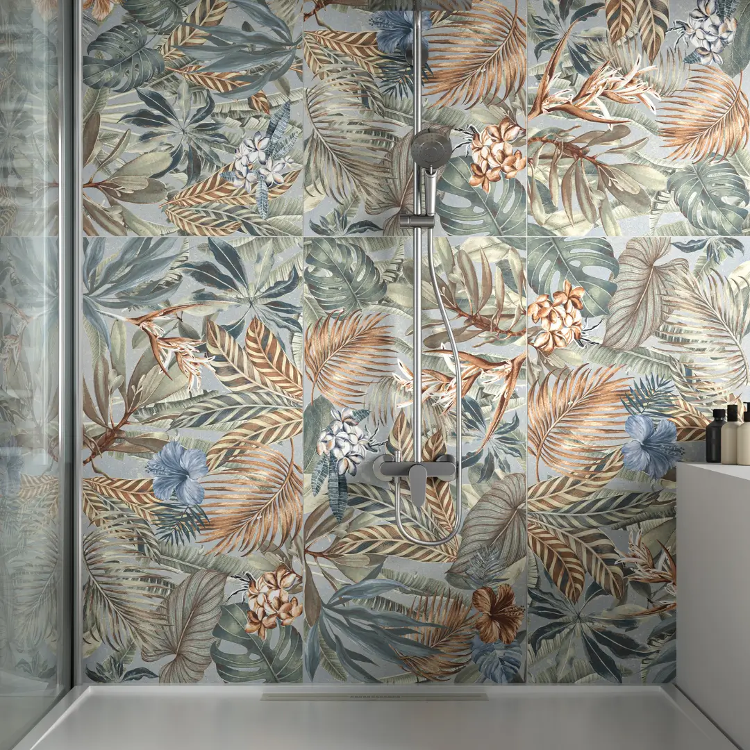 Patterned decor tile with soft jungle design enhancing bathroom or ground floor wall – warm natural style – DDL Tiles