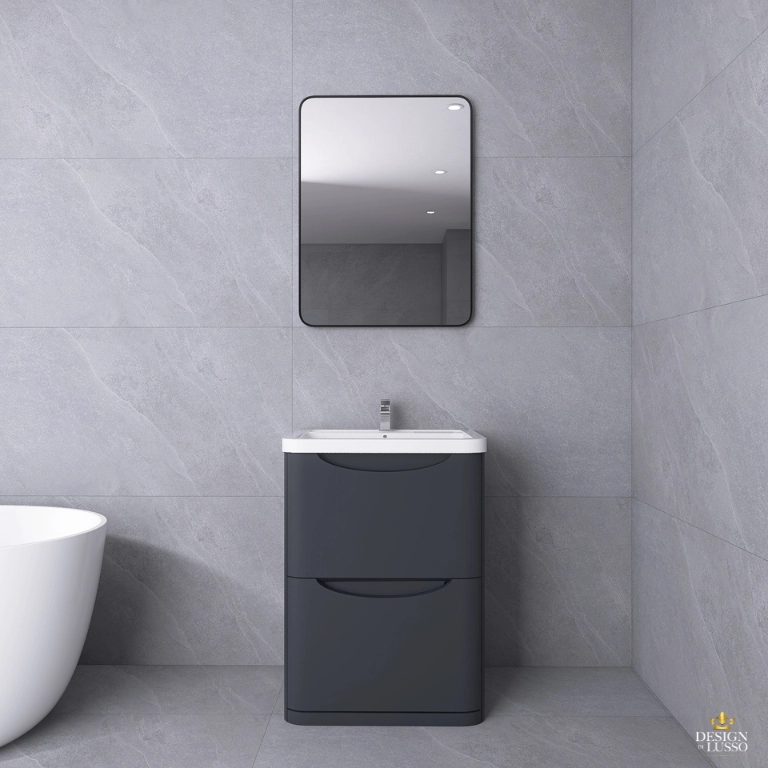 Moon Floor Standing Vanity Unit 600mm 2 Drawer Soft Black Satin DDL Tiles