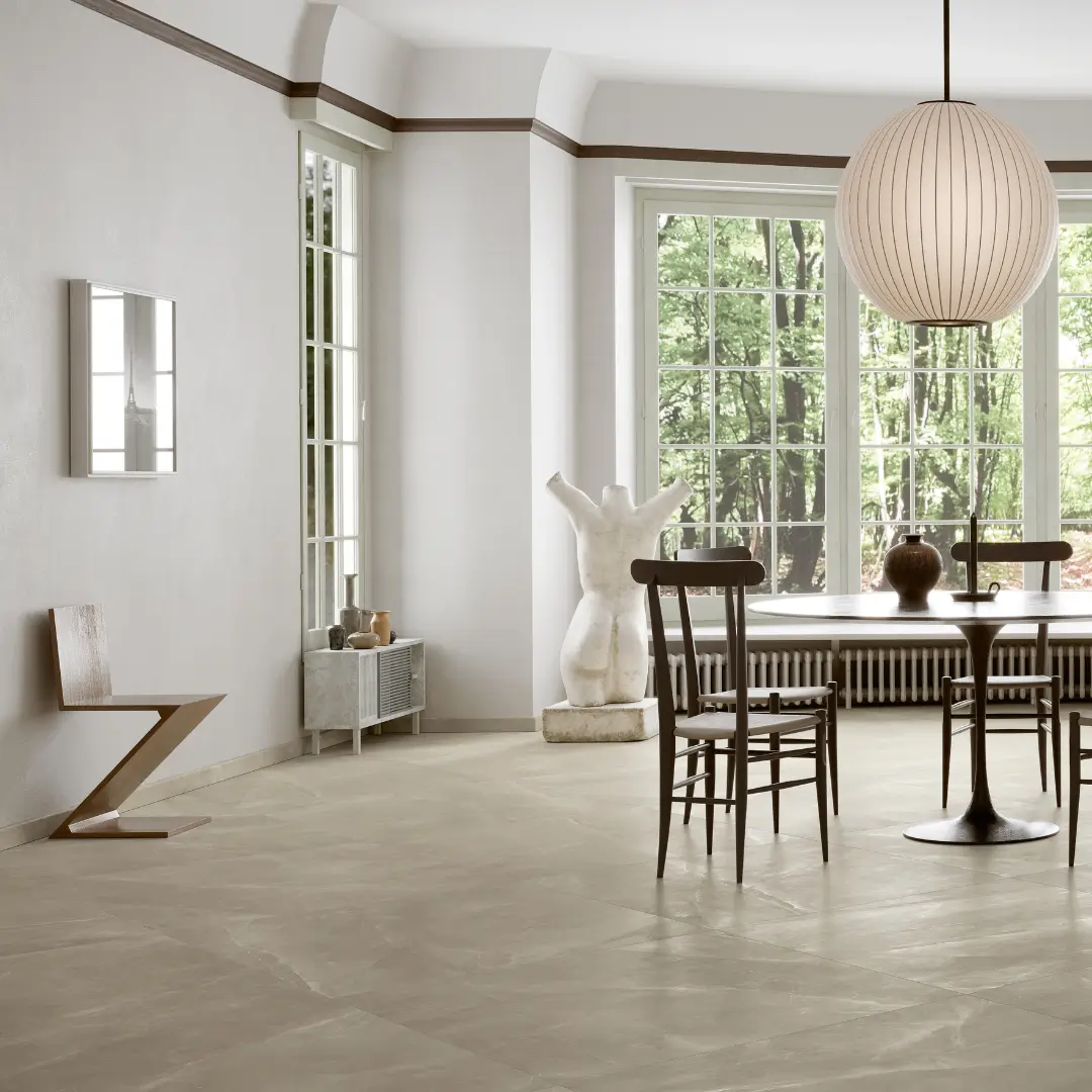 Porcelain stone effect tiles on bathroom walls and ground floor, creating a warm, elegant, natural ambiance – DDL Tiles