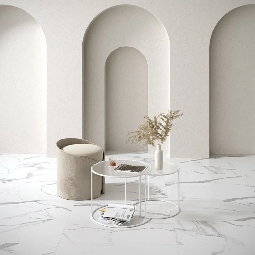 Porcelain marble-effect tile styled in bathroom and ground floor interiors with soft veining and a warm elegant tone – DDL Tiles