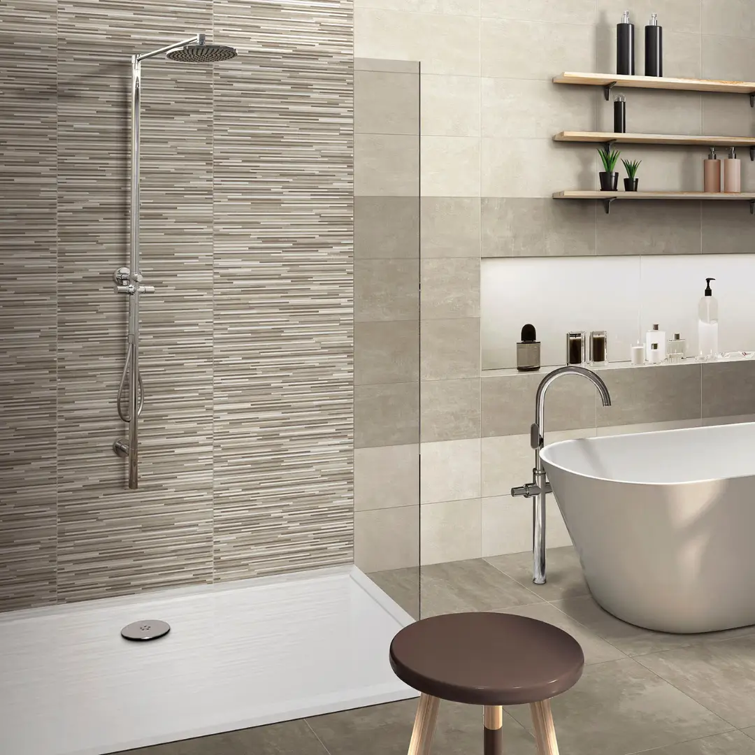 Porcelain concrete effect tiles used on bathroom walls and floors, offering a warm, natural look with soft texture – DDL Tiles