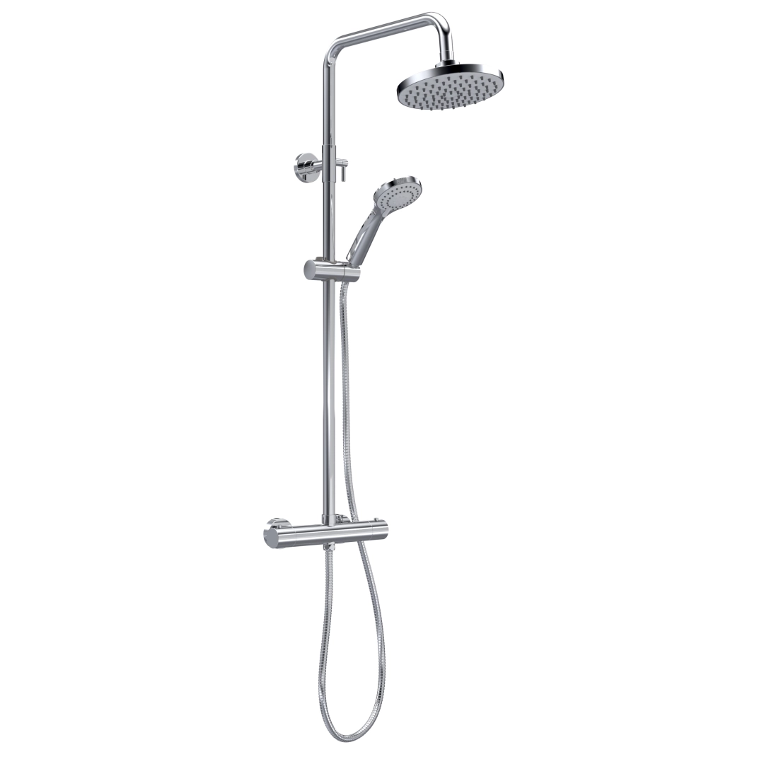 Chrome round thermostatic bar shower with telescopic riser rail installed in a stylish bathroom – DDL Tiles