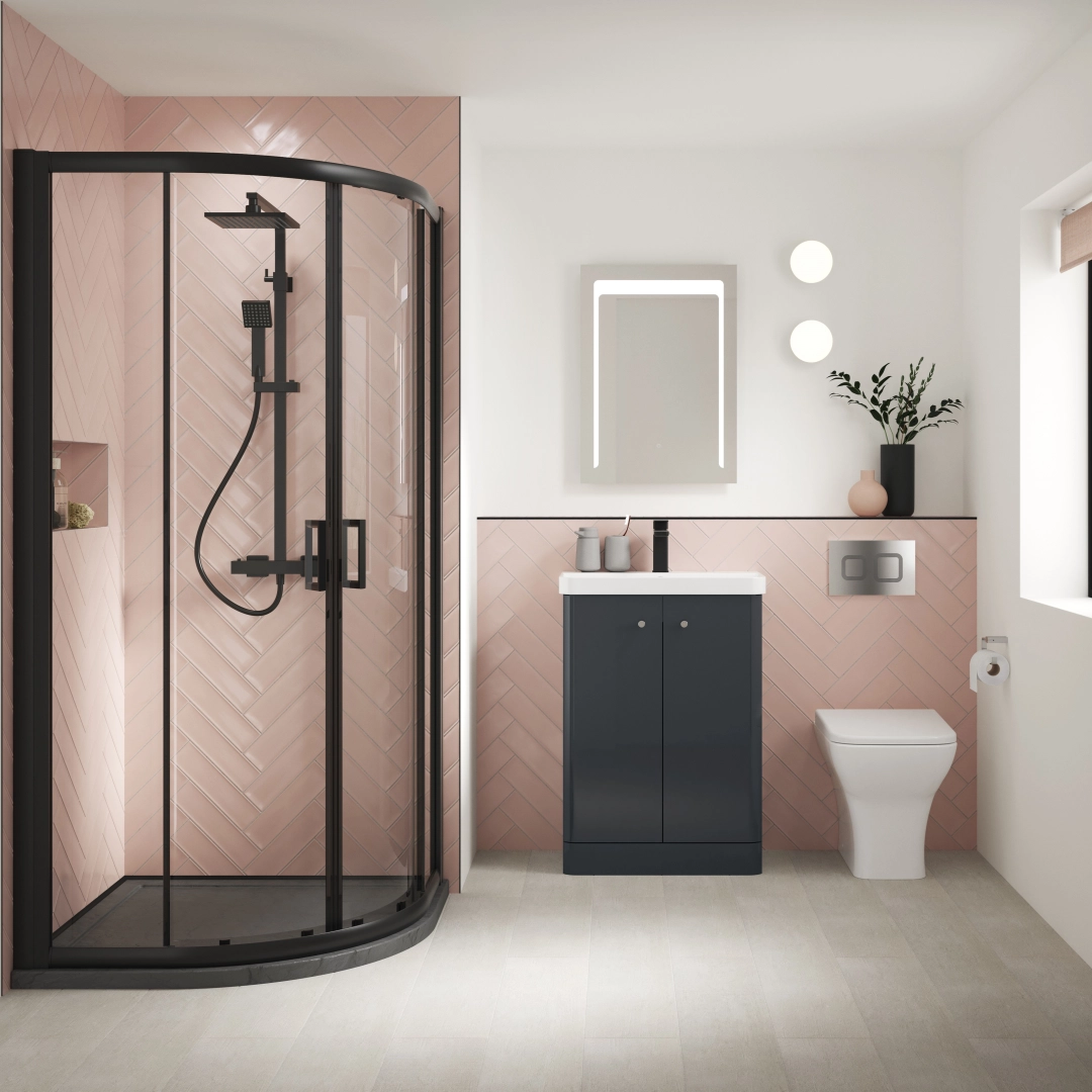 Soft black floor standing vanity unit with basin, shown in a modern bathroom setting, combining elegance and storage – DDL Tiles