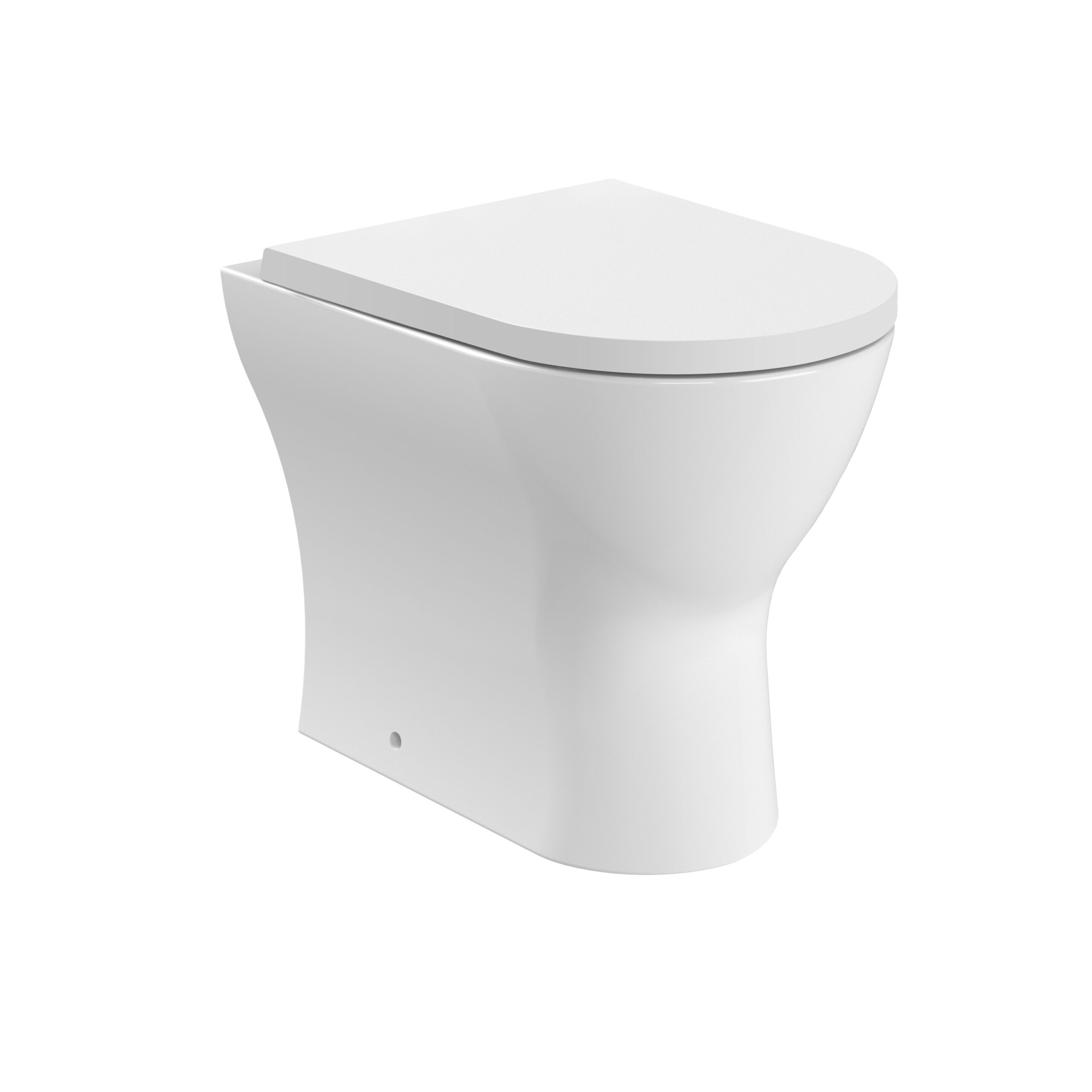 Modern rimless back to wall toilet with soft-close seat in minimalist white finish, 365mm size – DDL Tiles