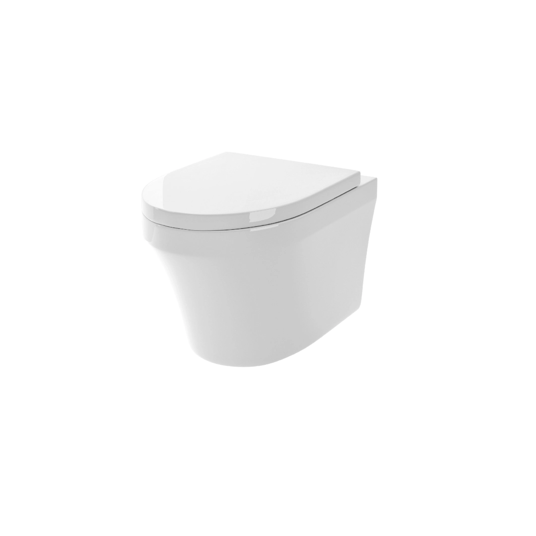 Floating wall hung toilet with soft-close seat in 360mm compact size, sleek white design for modern homes – DDL Tiles
