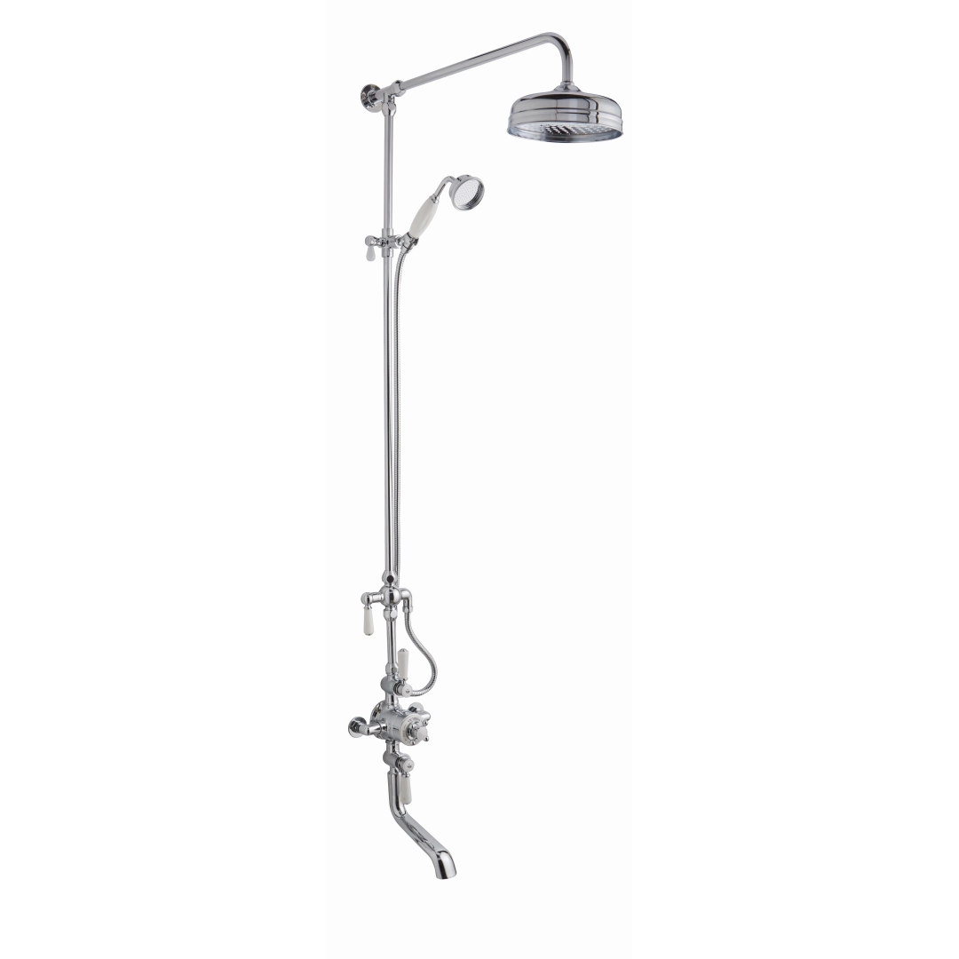 Chrome triple thermostatic valve set with 8" rain shower and classic bath spout, ideal for vintage bathrooms – DDL Tiles