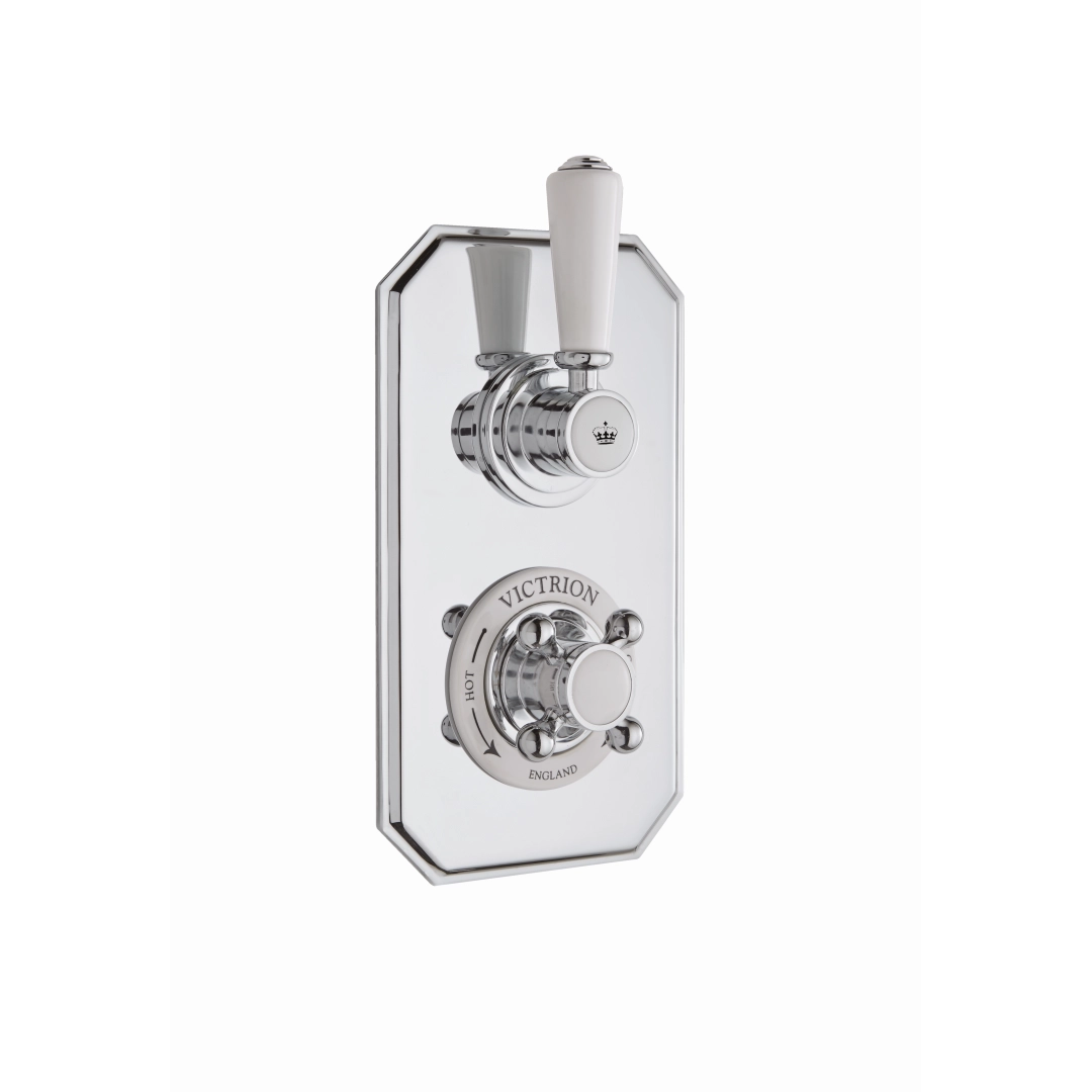 Chrome concealed shower valve with twin control and ornate vintage styling for single-outlet use in classic bathrooms – DDL Tiles