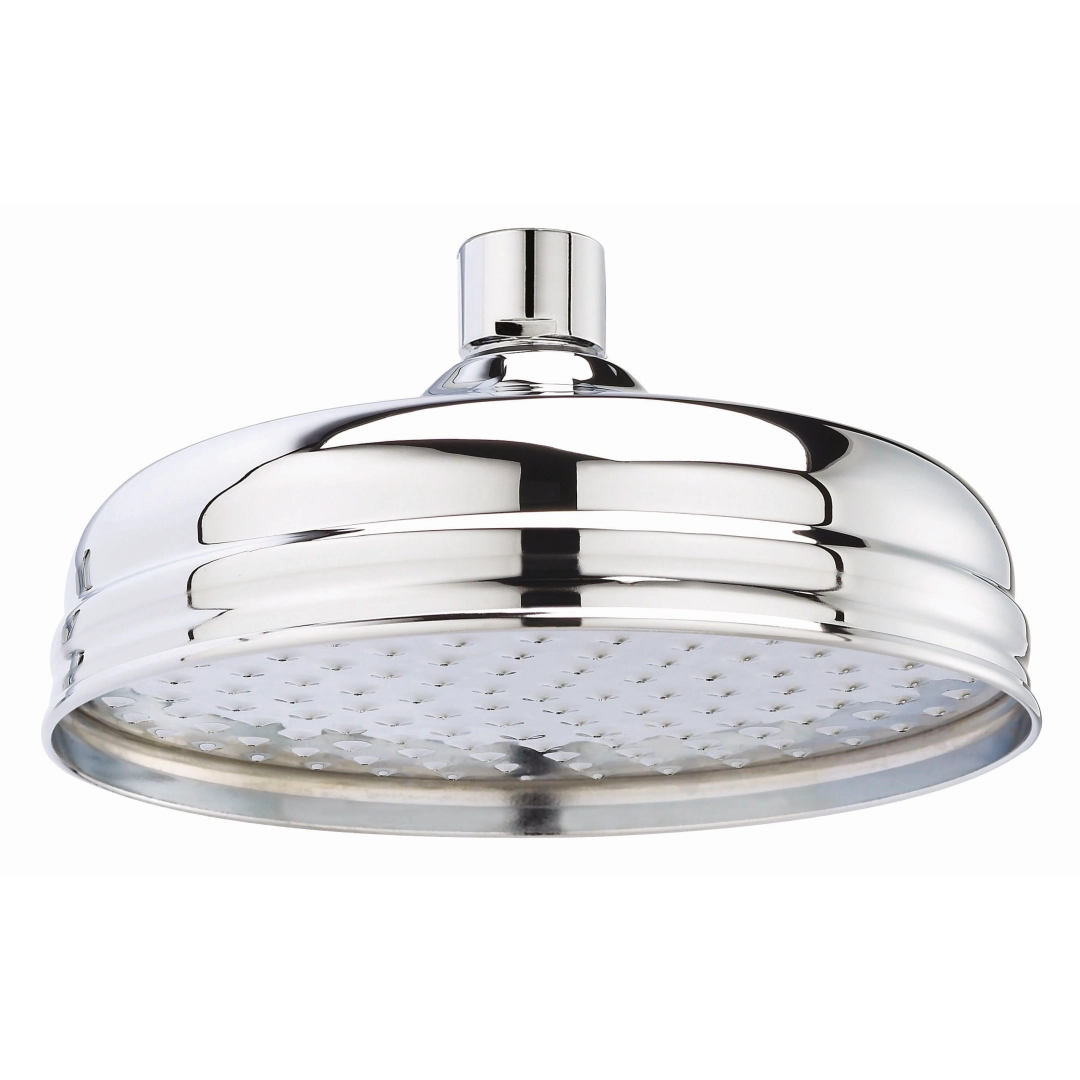 Elegant 8-inch chrome shower head mounted in compact bathroom, classic design with refreshing flow – DDL Tiles