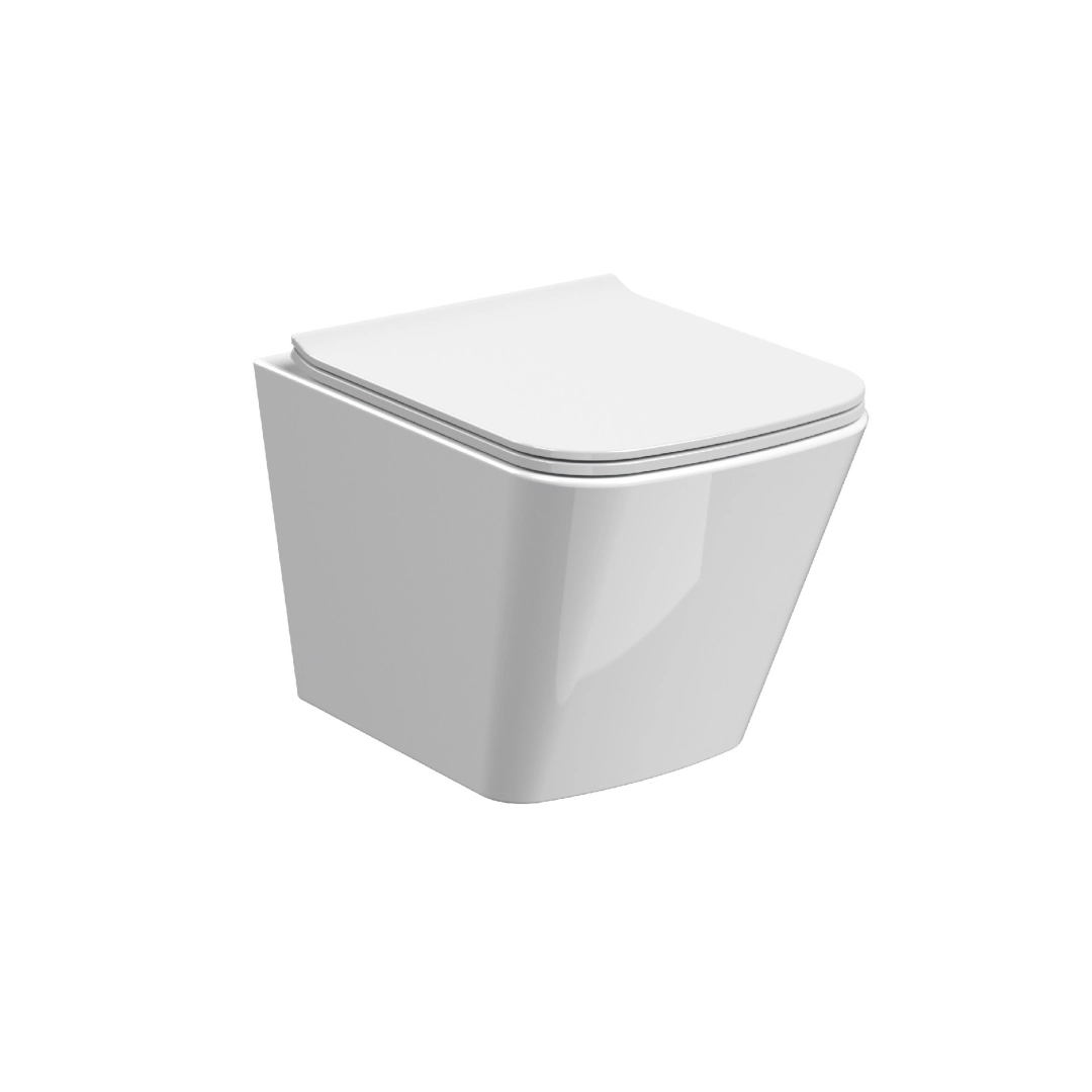 350mm square rimless wall hung toilet with soft-close seat in a clean, modern UK bathroom – hygienic, sleek – DDL Tiles