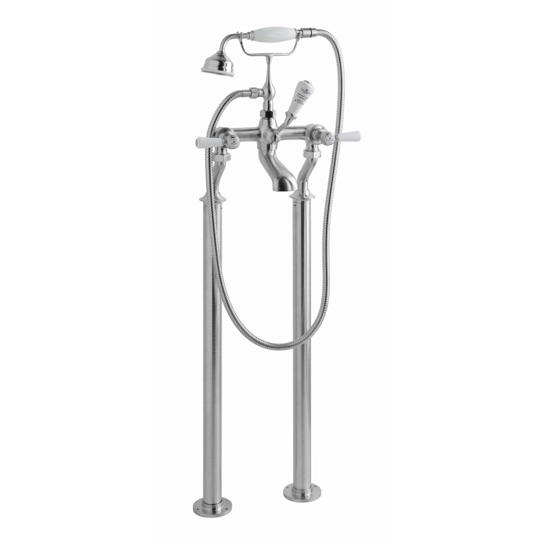 Victrion brushed chrome deck-mounted bath shower mixer with lever handles in classic UK bathroom – DDL Tiles