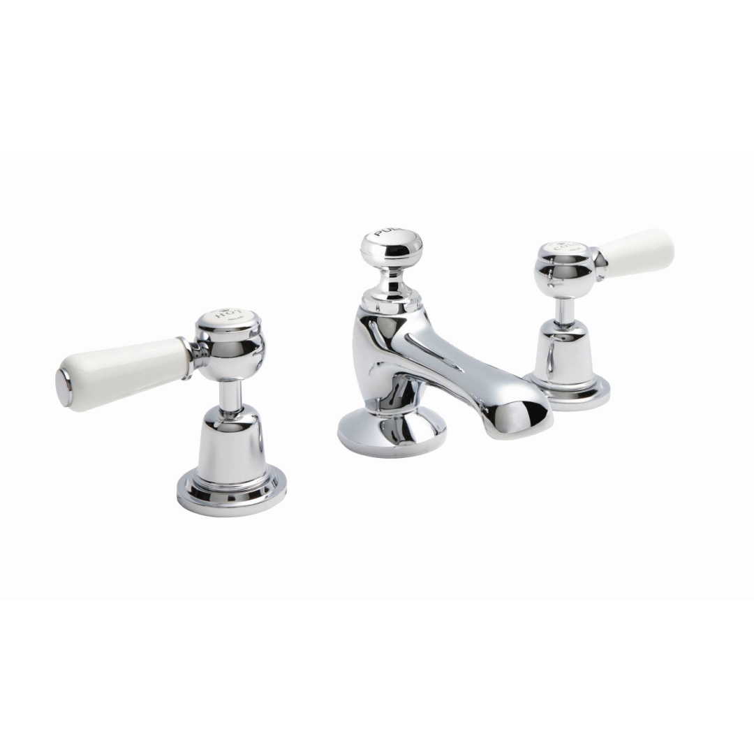 Victrion chrome 3-hole basin mixer with elegant lever handles and vintage spout in a classic setting – DDL Tiles