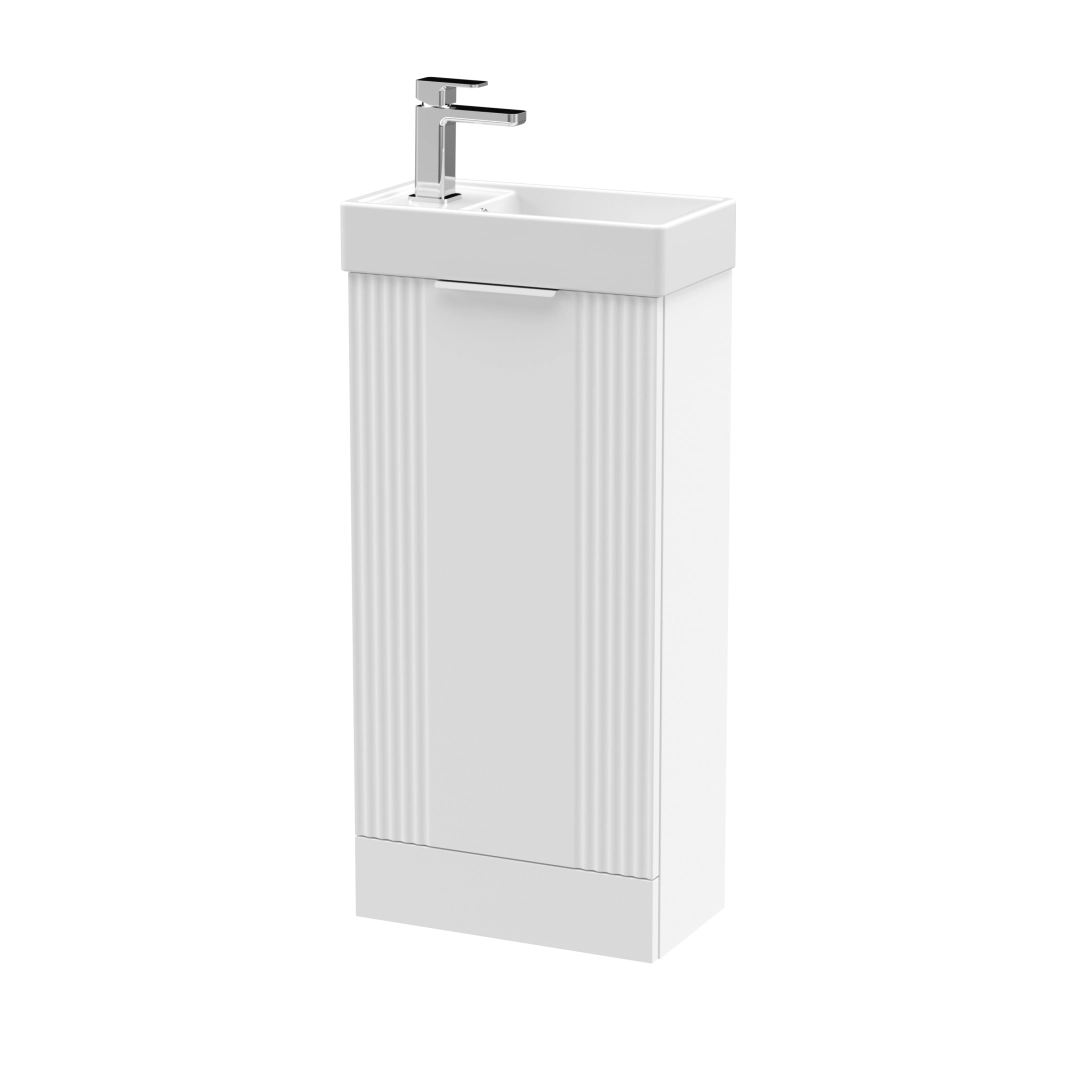 Compact white satin floor vanity with basin for small bathrooms or cloakrooms, space-saving and modern – DDL Tiles