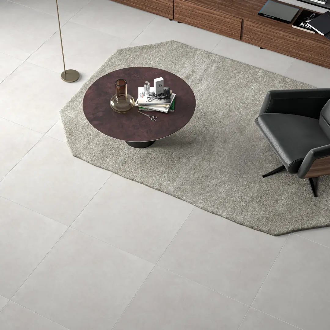 Modern porcelain tiles covering a ground floor living area with a cosy, warm feel – DDL Tiles.
