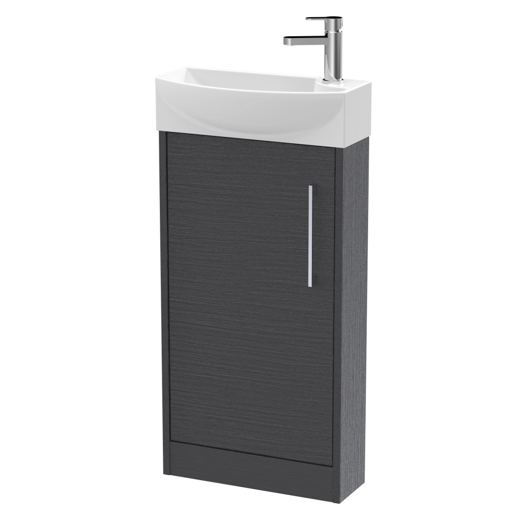 Graphite grey floor standing bathroom vanity with single door and compact basin for modern spaces – DDL Tiles