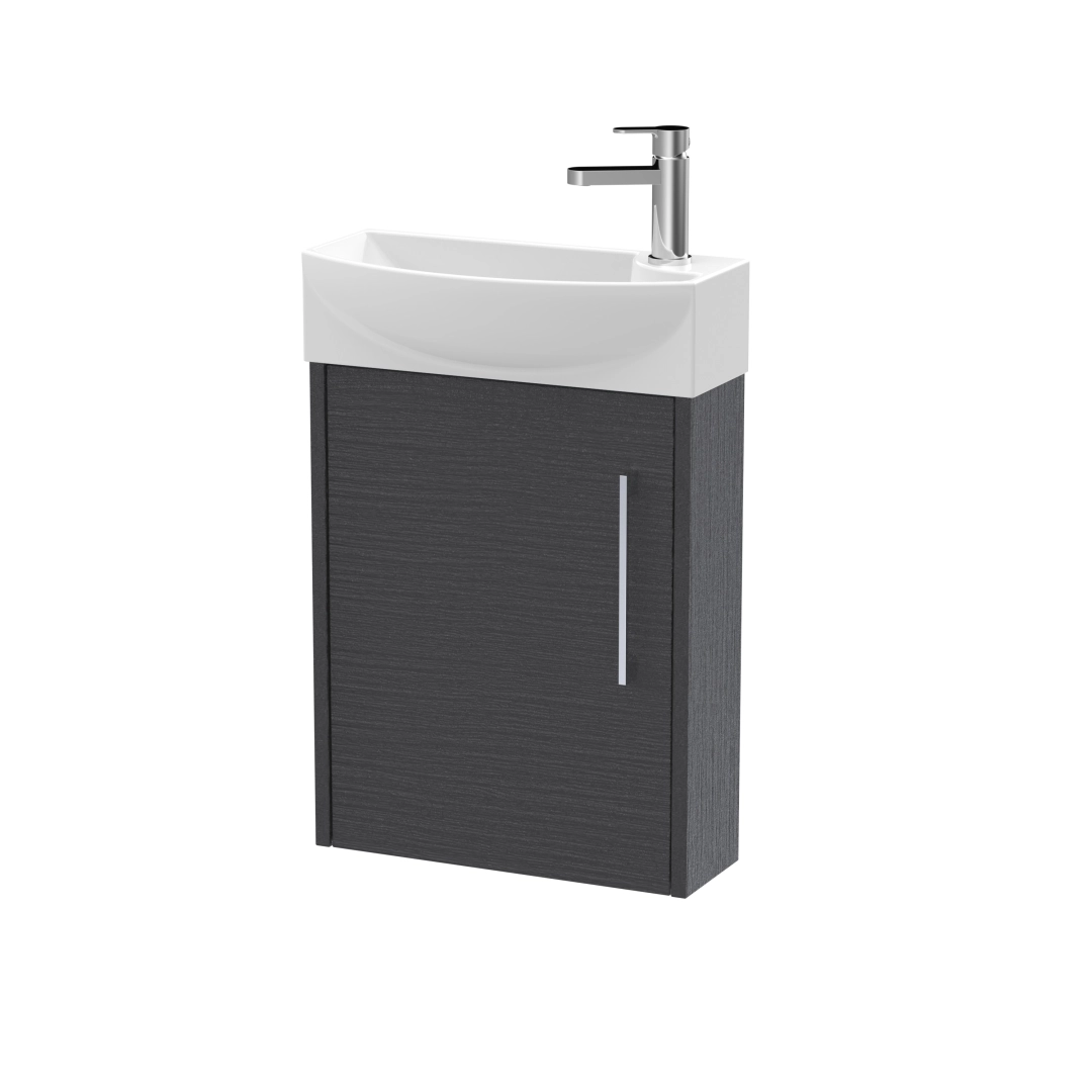 Graphite grey 440mm wall-hung vanity with basin and single left-hinged door, compact bathroom storage – DDL Tiles