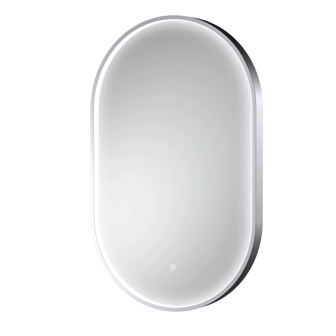 Inset chrome LED mirror with modern frame and touch control glowing warmly in a luxury interior – DDL Tiles