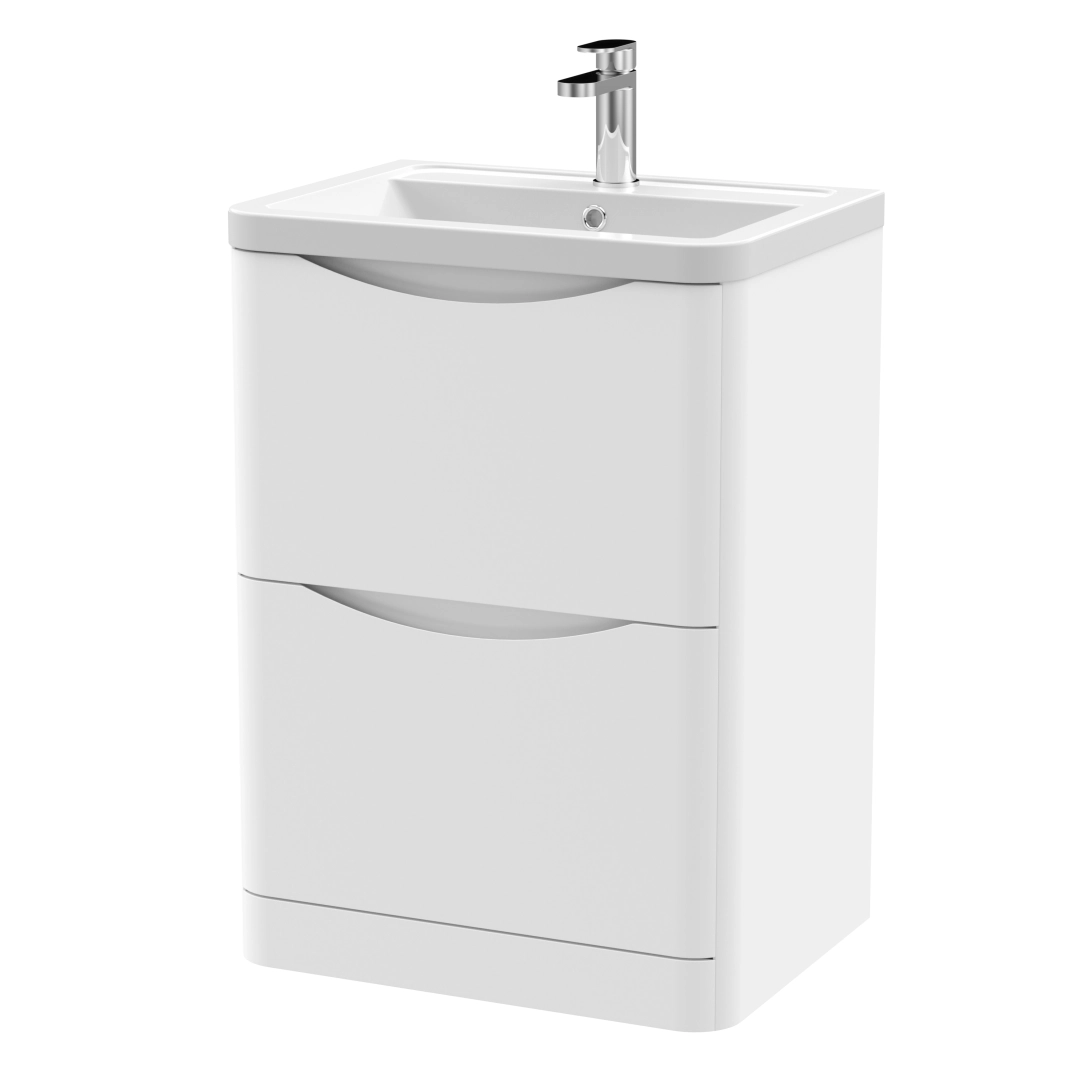White satin floor-standing bathroom vanity with basin, offering sleek modern design and functional storage – DDL Tiles