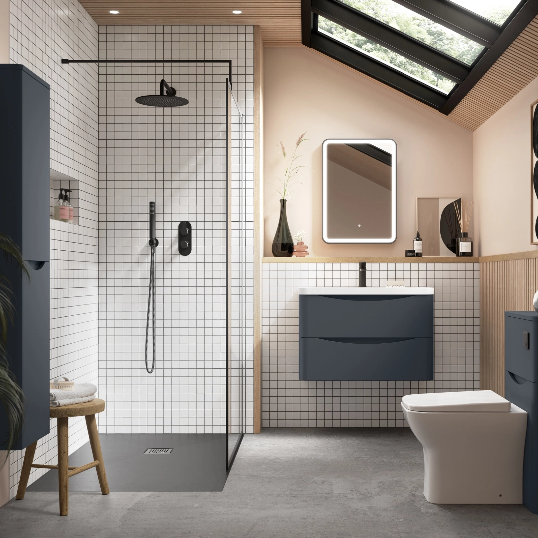 lunroomset_furniture_v1_ls Round matt black shower headset with adjustable spray settings in modern UK bathroom setting – DDL Tiles