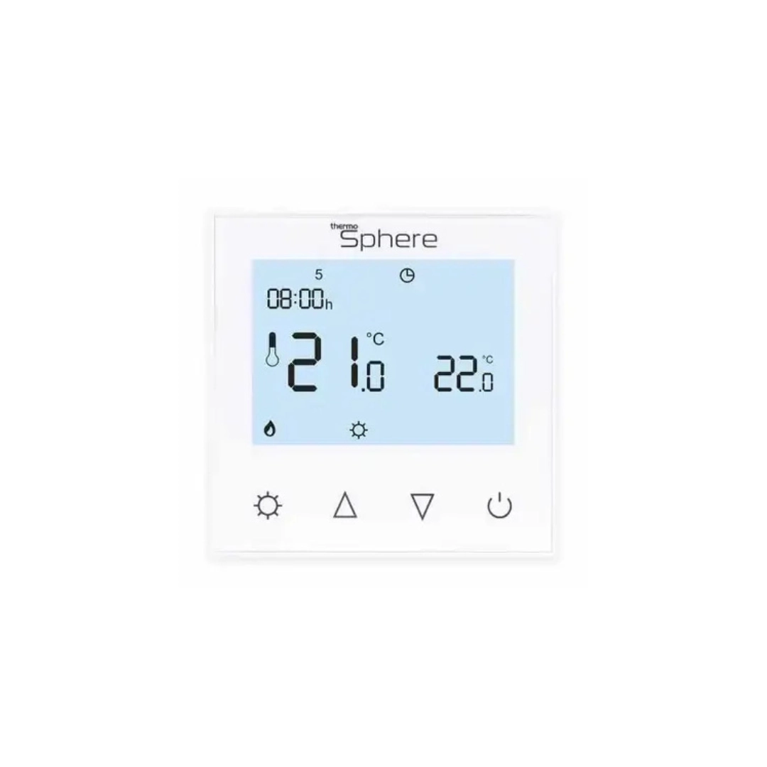 White touchscreen thermostat for underfloor heating mounted on wall with smart control features and modern design – DDL Tiles