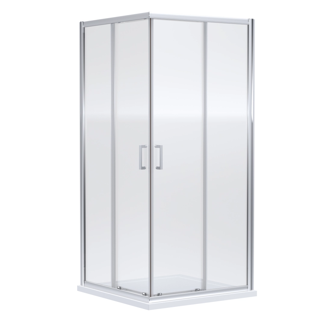 Corner shower with chrome dual sliding doors, centrally opening in a compact, modern en-suite layout – DDL Tiles