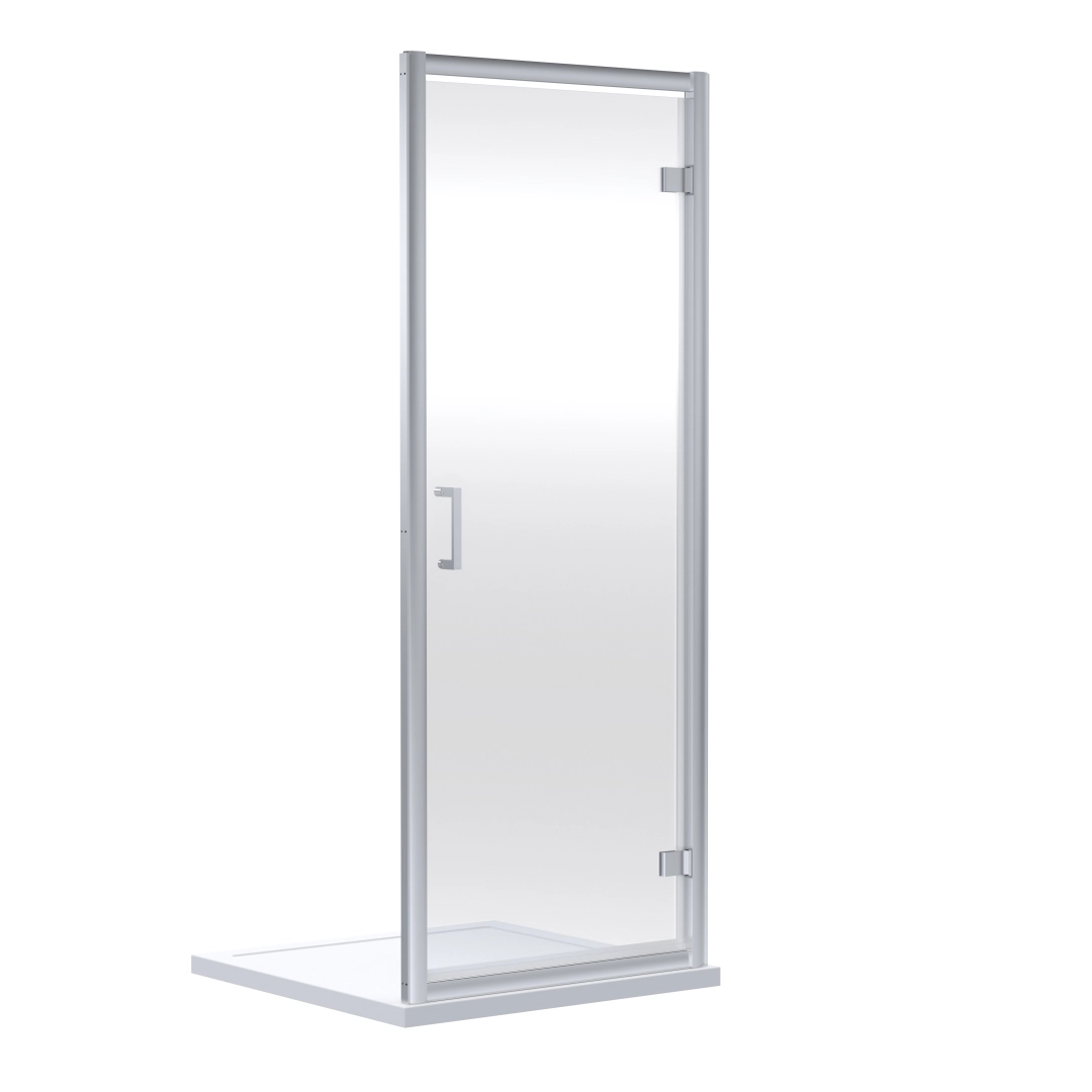 Chrome hinged shower door enclosure open in a stylish, well-lit bathroom with minimalist fittings and premium finish – DDL Tiles