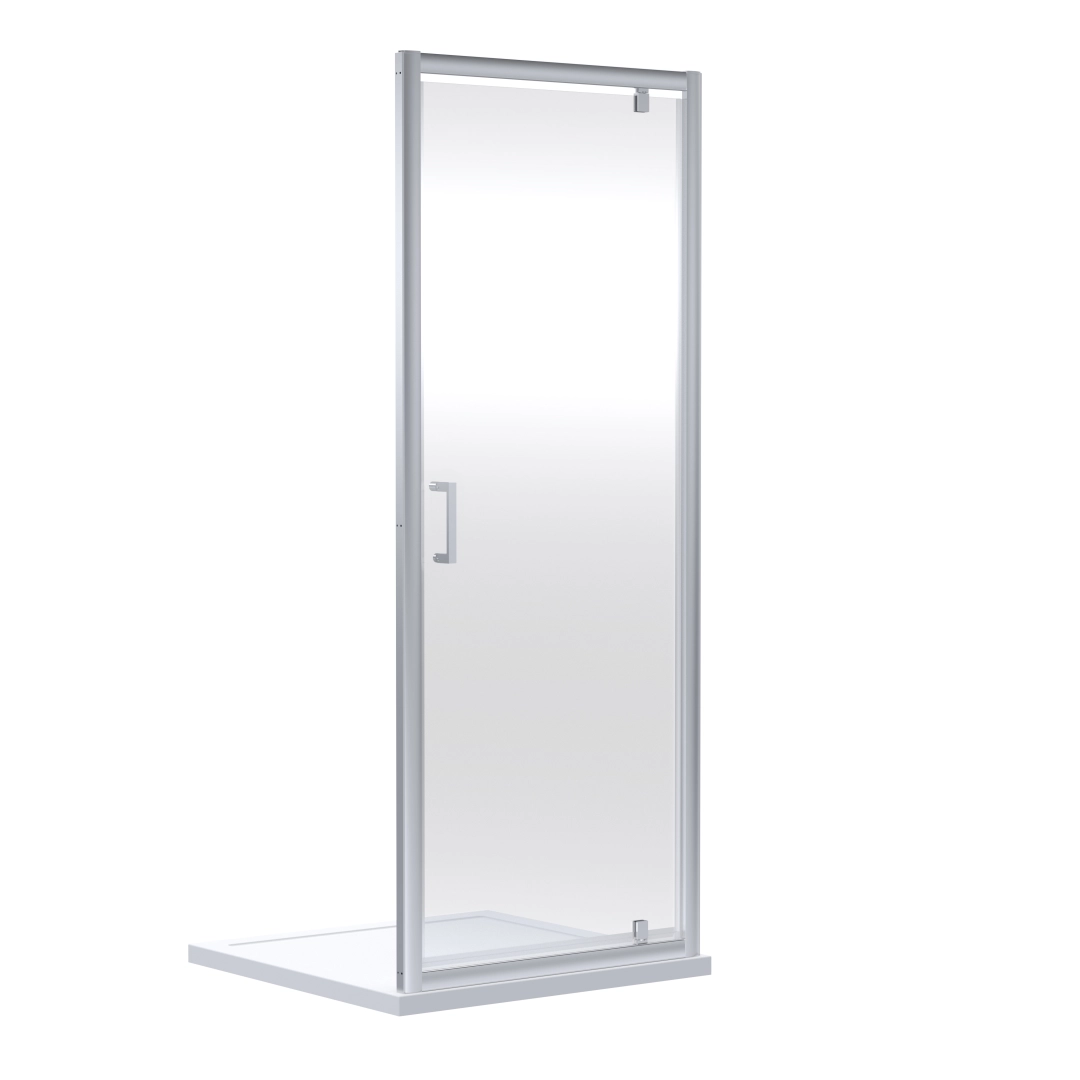 Chrome pivot shower door enclosure smoothly opened in a bright, modern bathroom with elegant lines and glass finish – DDL Tiles