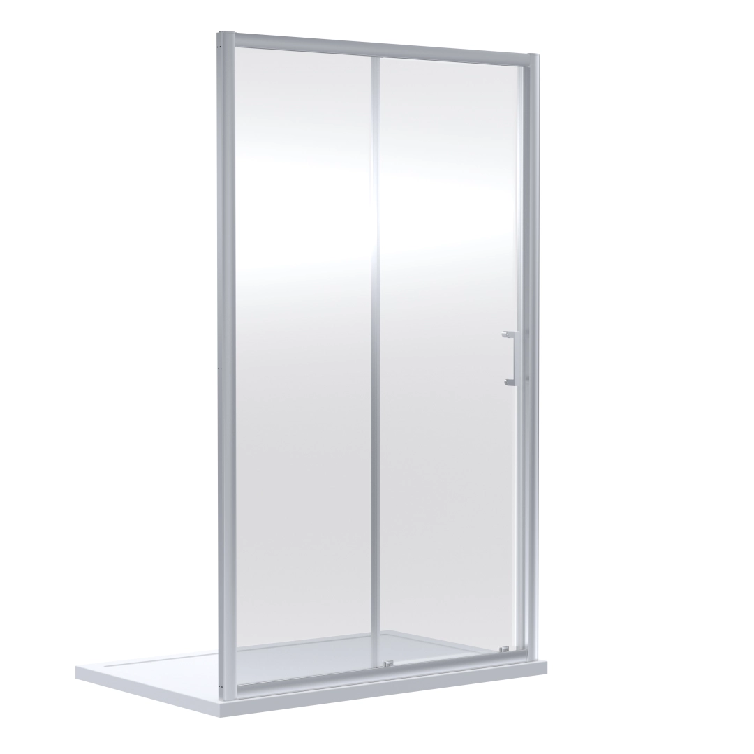Chrome single sliding shower enclosure in a compact, modern bathroom with frameless glass design and clean details – DDL Tiles