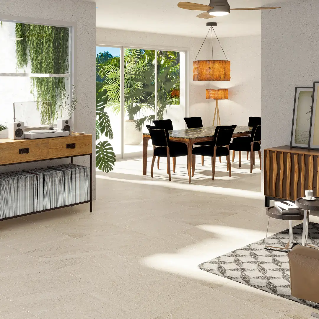 Porcelain stone effect tiles featured in bathroom and ground floor areas with a warm, natural tone and clean finish – DDL Tiles