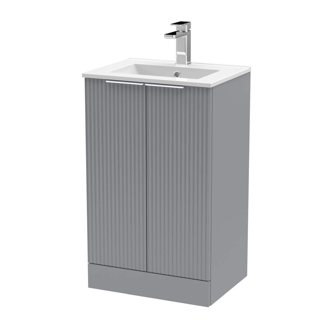 Modern grey bathroom vanity unit placed floor-standing with soft edges and clean finish for stylish storage – DDL Tiles