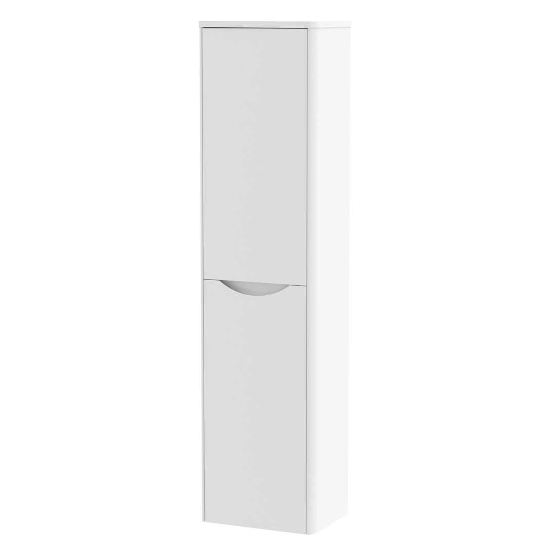 Tall white satin 2-door bathroom cabinet offering vertical storage in a sleek minimalist design – DDL Tiles