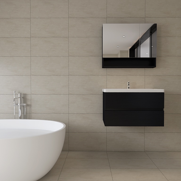 Porcelain stone effect tile in warm almond shade creating a soft, natural look across bathroom wall and floor – DDL Tiles