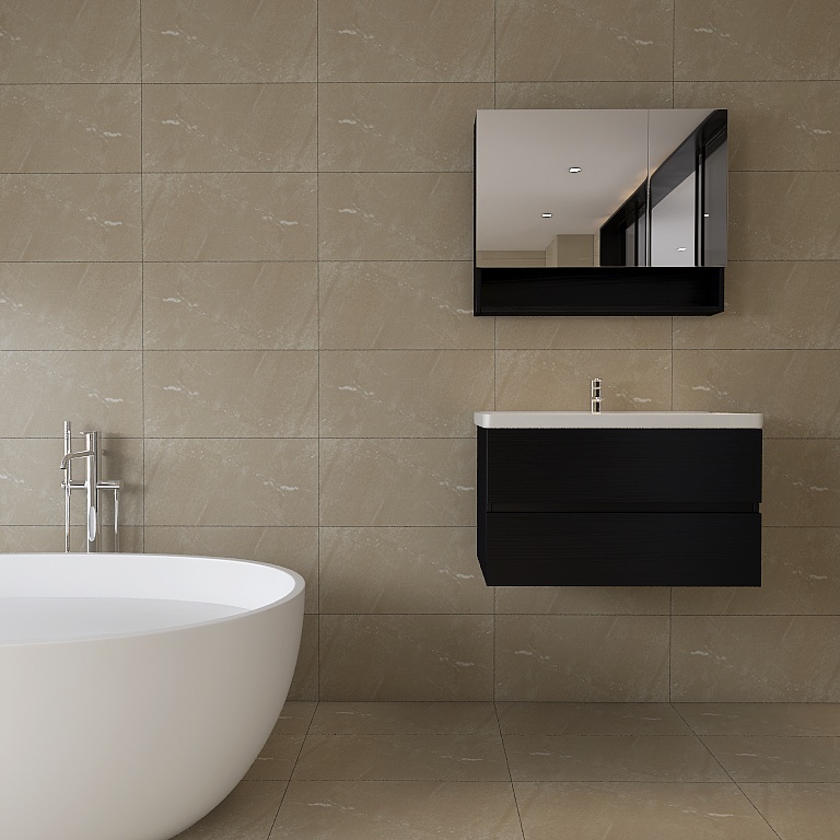 Porcelain stone effect tile in beige adding soft warmth and natural texture to modern bathroom wall and floor – DDL Tiles